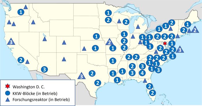 Übersichtskarte mit Standorten der Kernkraftwerke und Forschungsreaktoren in den USA